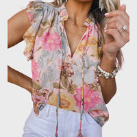 Floral Print Tassel Tie Short Sleeve Blouse