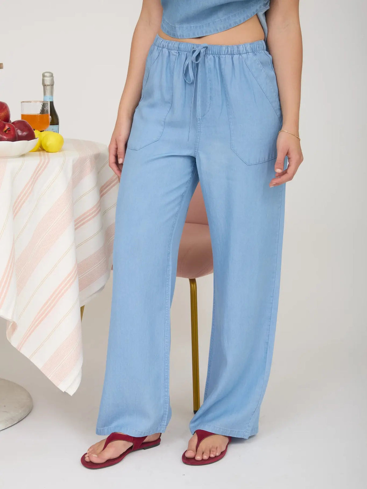 Chambray Drawstring Wide Leg Lounge Pants - Chandeliers Boutique ny