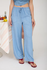 Chambray Drawstring Wide Leg Lounge Pants - Chandeliers Boutique ny