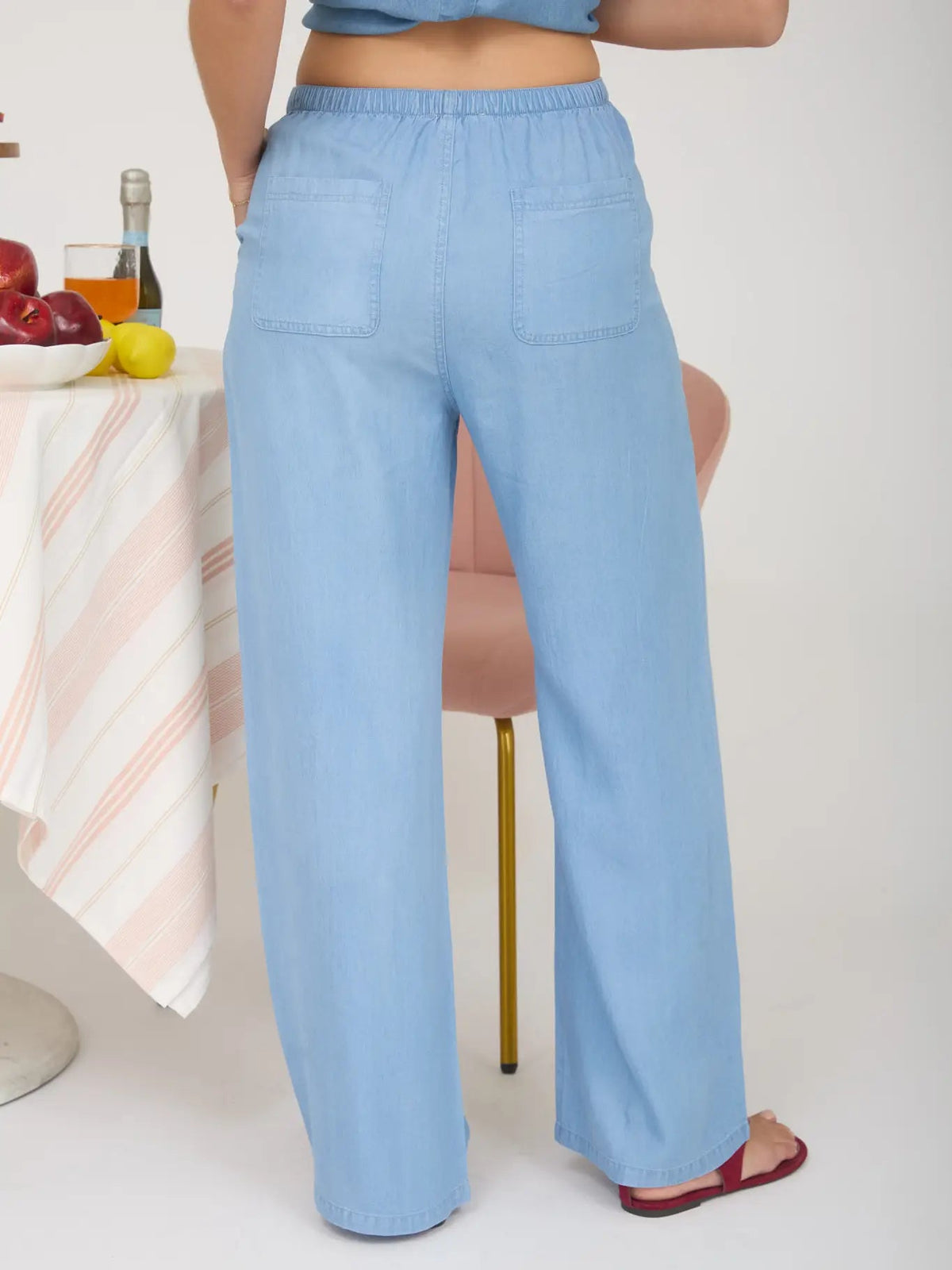 Chambray Drawstring Wide Leg Lounge Pants - Chandeliers Boutique ny