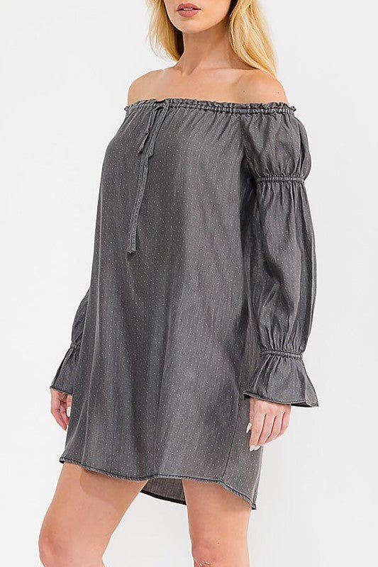 Chambray Off Shoulder Tunic Mini Dress - Chandeliers Boutique ny