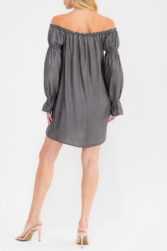 Chambray Off Shoulder Tunic Mini Dress - Chandeliers Boutique ny
