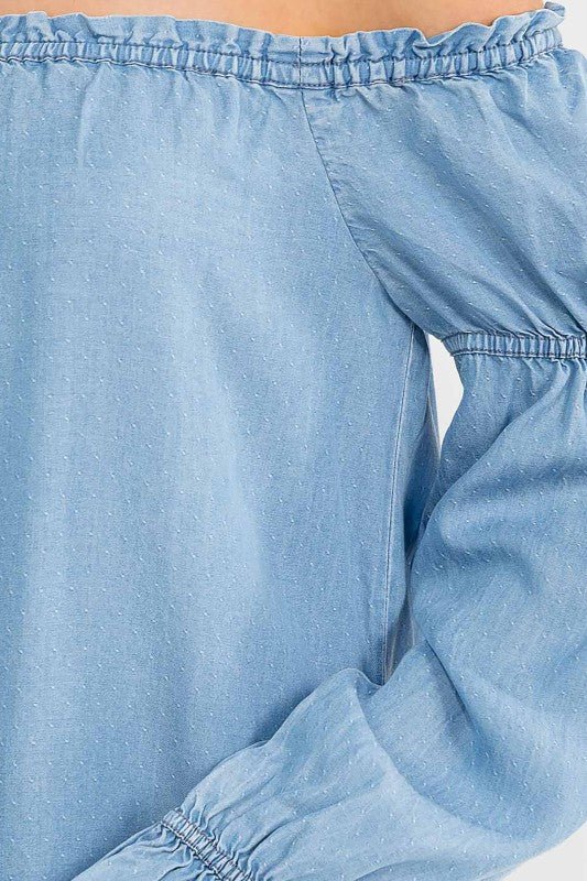 Chambray Off Shoulder Tunic Mini Dress - Chandeliers Boutique ny