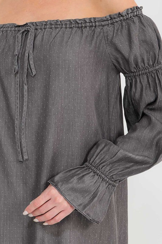 Chambray Off Shoulder Tunic Mini Dress - Chandeliers Boutique ny