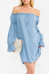 Chambray Off Shoulder Tunic Mini Dress - Chandeliers Boutique ny