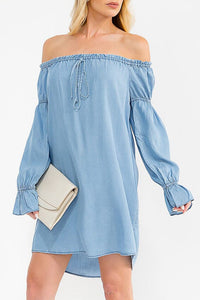 Chambray Off Shoulder Tunic Mini Dress - Chandeliers Boutique ny