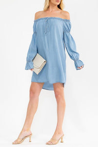 Chambray Off Shoulder Tunic Mini Dress - Chandeliers Boutique ny