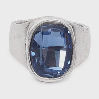 Chandeliers Boutique ny bohemian style ring with a large blue crystal set in a silver-plated brass band.