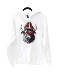 Chandeliers Boutique ny grey cotton blend hoodie with a graphic of a buffalo wearing a beanie and sunglasses. Great for game day.