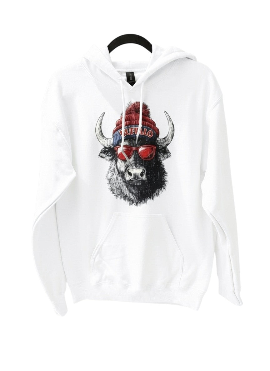 Chandeliers Boutique ny grey cotton blend hoodie with a graphic of a buffalo wearing a beanie and sunglasses. Great for game day.