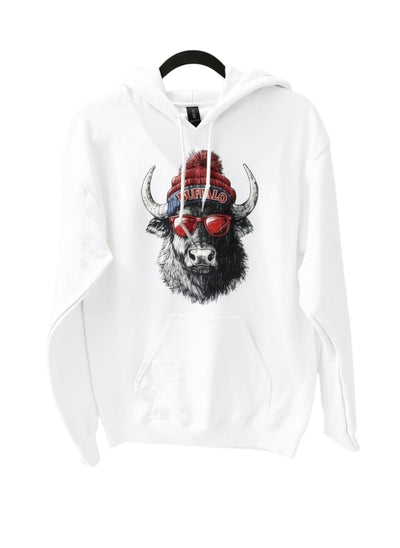 Chandeliers Boutique ny grey cotton blend hoodie with a graphic of a buffalo wearing a beanie and sunglasses. Great for game day.