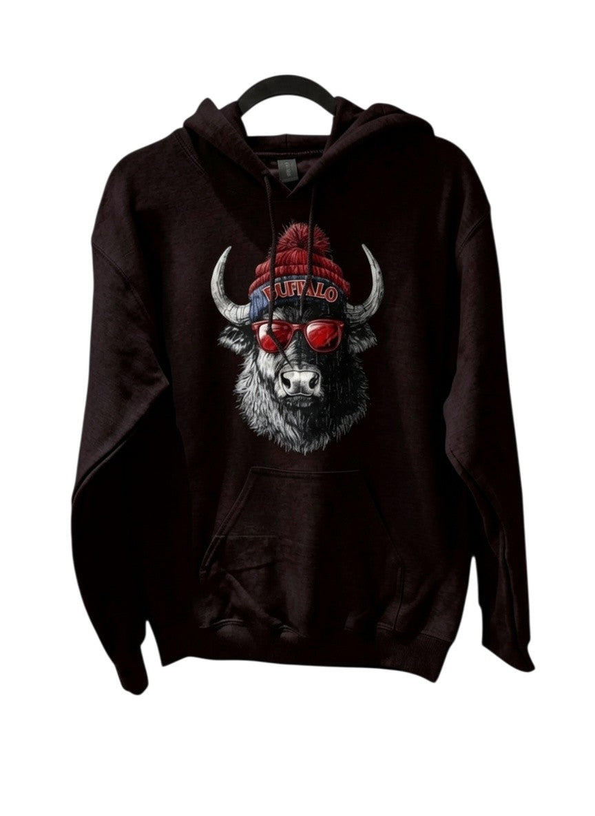 Chandeliers Boutique ny grey cotton hoodie with a graphic of a buffalo wearing a red beanie and sunglasses. Great for game day.