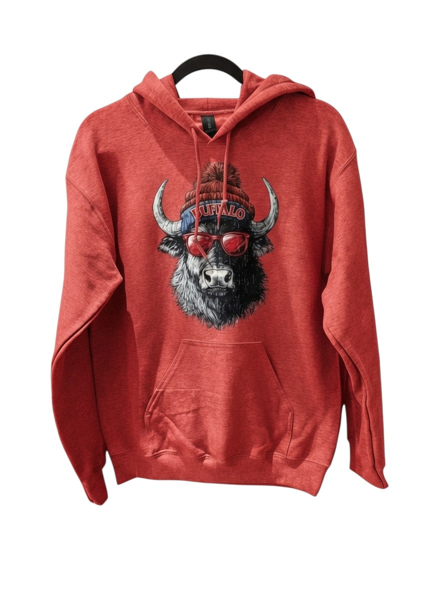 Chandeliers Boutique ny grey cotton hoodie with a graphic of a buffalo wearing a red beanie and sunglasses, text "BUFFALO" on beanie.