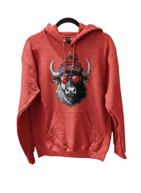 Chandeliers Boutique ny grey cotton hoodie with a graphic of a buffalo wearing a red beanie and sunglasses, text "BUFFALO" on beanie.
