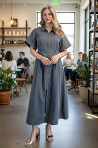 Chandeliers Boutique ny charcoal grey maxi shirt dress with front zipper, short sleeves, and adjustable waist detail.