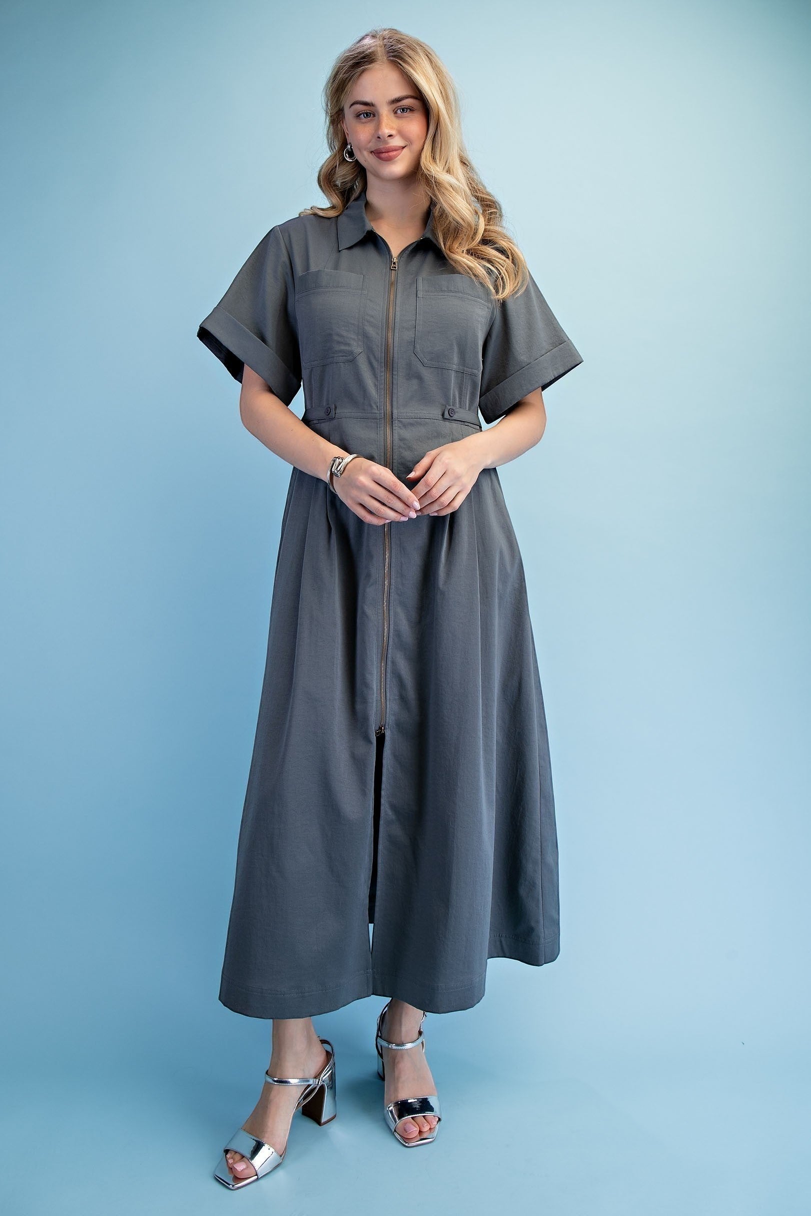 Chandeliers Boutique ny charcoal grey maxi shirt dress with front zipper, short sleeves, and adjustable waist detail.