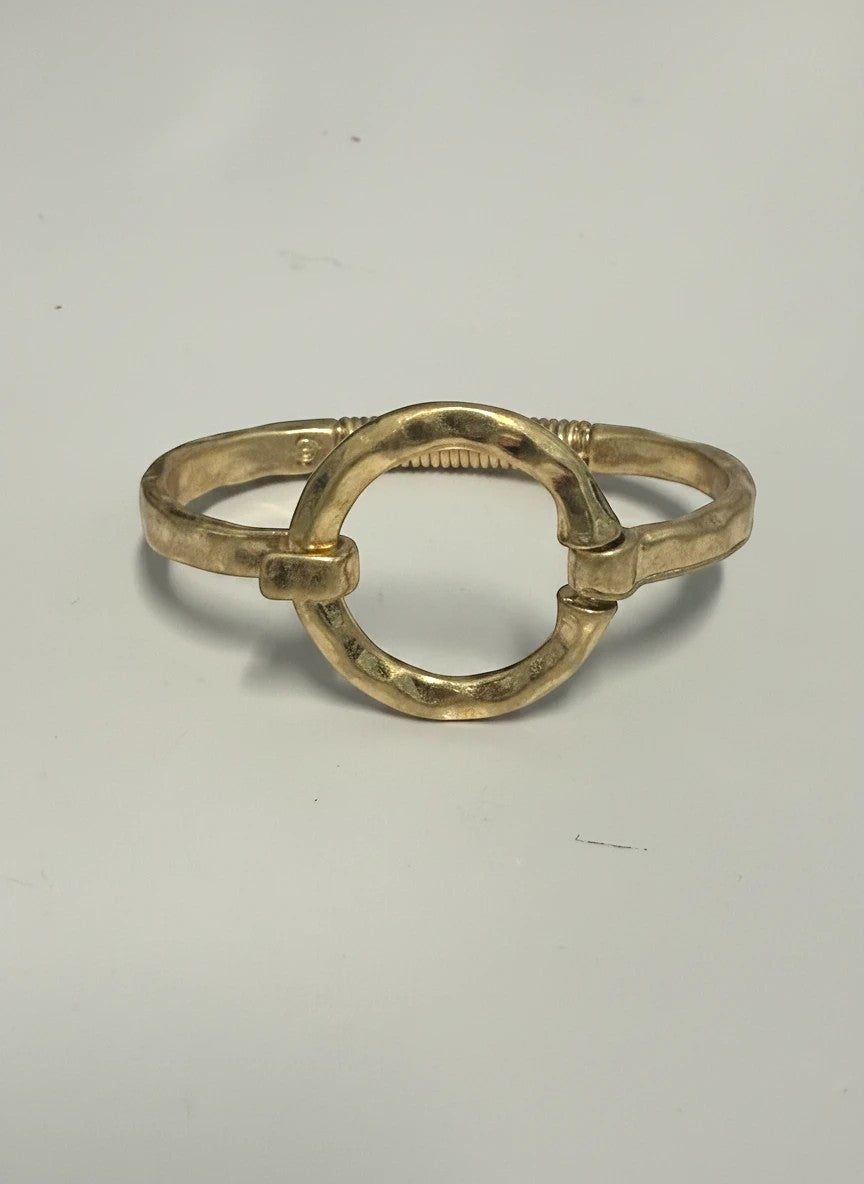 Chandeliers Boutique ny gold plated cuff bracelet with hammered circle and hook closure