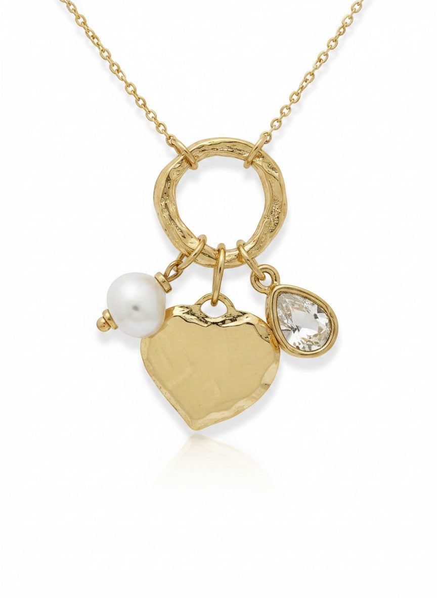 Chandeliers Boutique ny gold hammered heart charm necklace with pearl and crystal accents