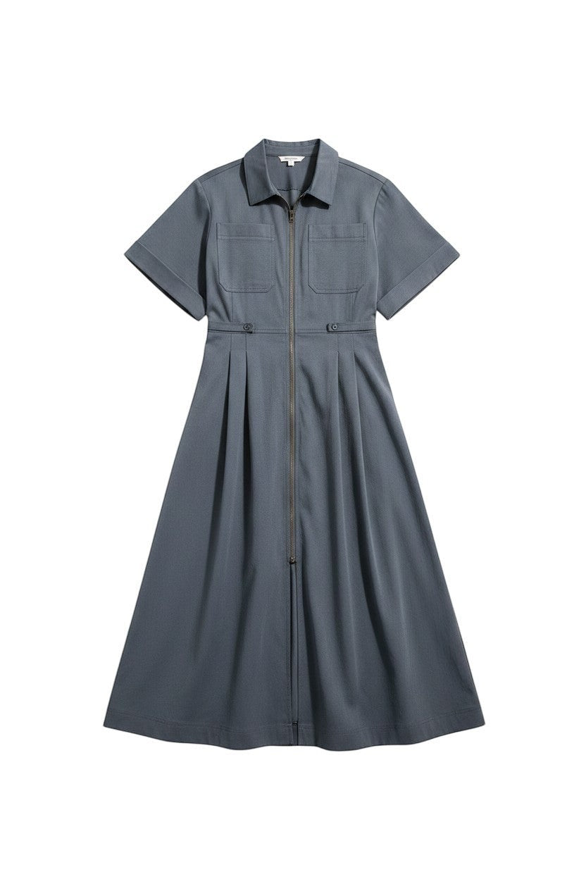 Chandeliers Boutique ny grey maxi shirt dress with a front zipper, short sleeves, chest pockets, and adjustable waist.