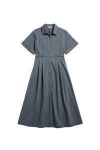 Chandeliers Boutique ny grey maxi shirt dress with a front zipper, short sleeves, chest pockets, and adjustable waist.