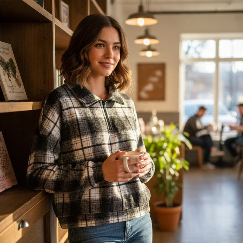 Woman wearing a Chandeliers Boutique ny black and white plaid crop flannel jacket with a half-zip collar in a cafe.