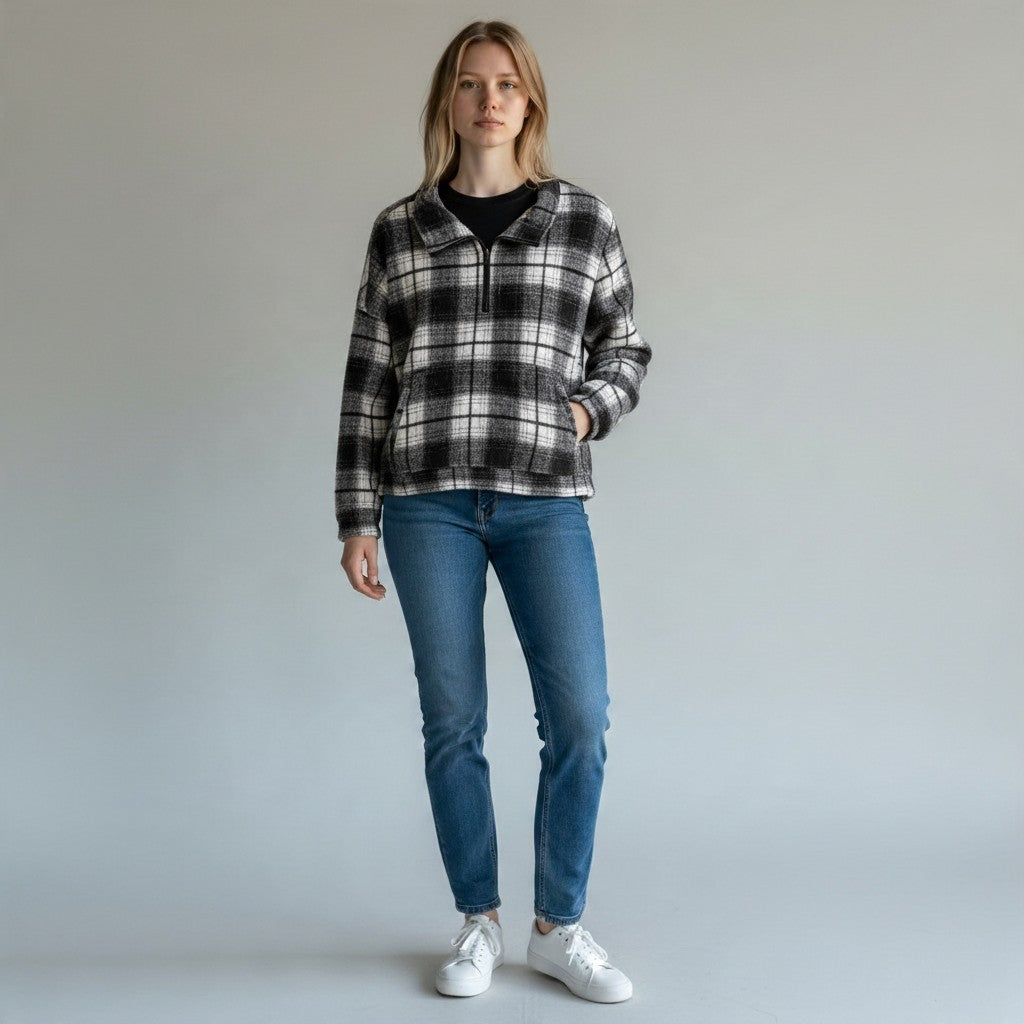 Chandeliers Boutique ny crop flannel jacket in black and white plaid with a half zip collar and front pockets