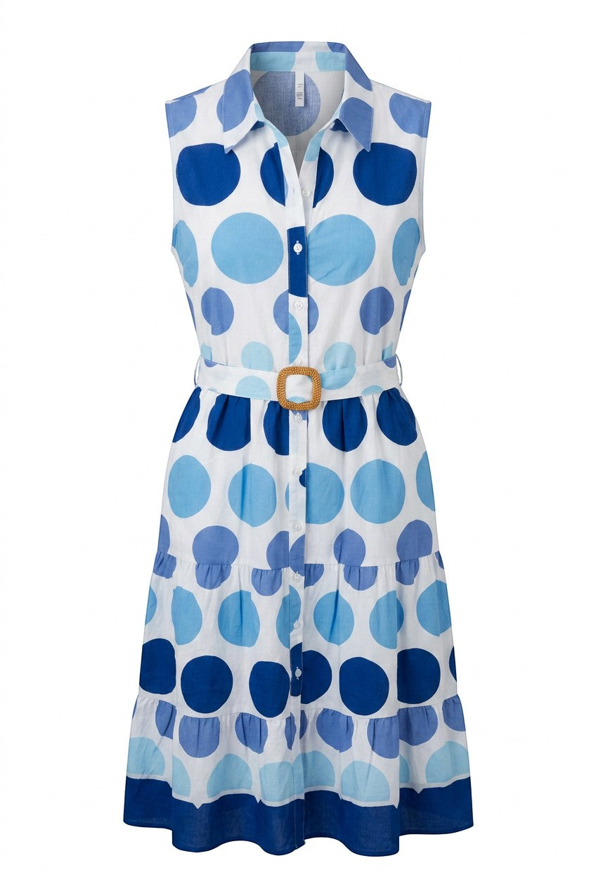 Chandeliers Boutique ny sleeveless cotton midi dress with blue polka dot print, collared neck, and belted waist.