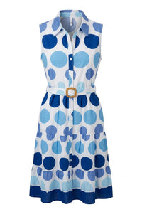 Chandeliers Boutique ny sleeveless cotton midi dress with blue polka dot print, collared neck, and belted waist.