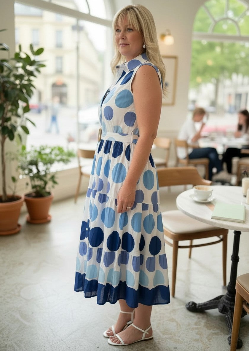 Woman wearing a Chandeliers Boutique ny sleeveless cotton polka dot midi dress with a collared neck and belted waist.