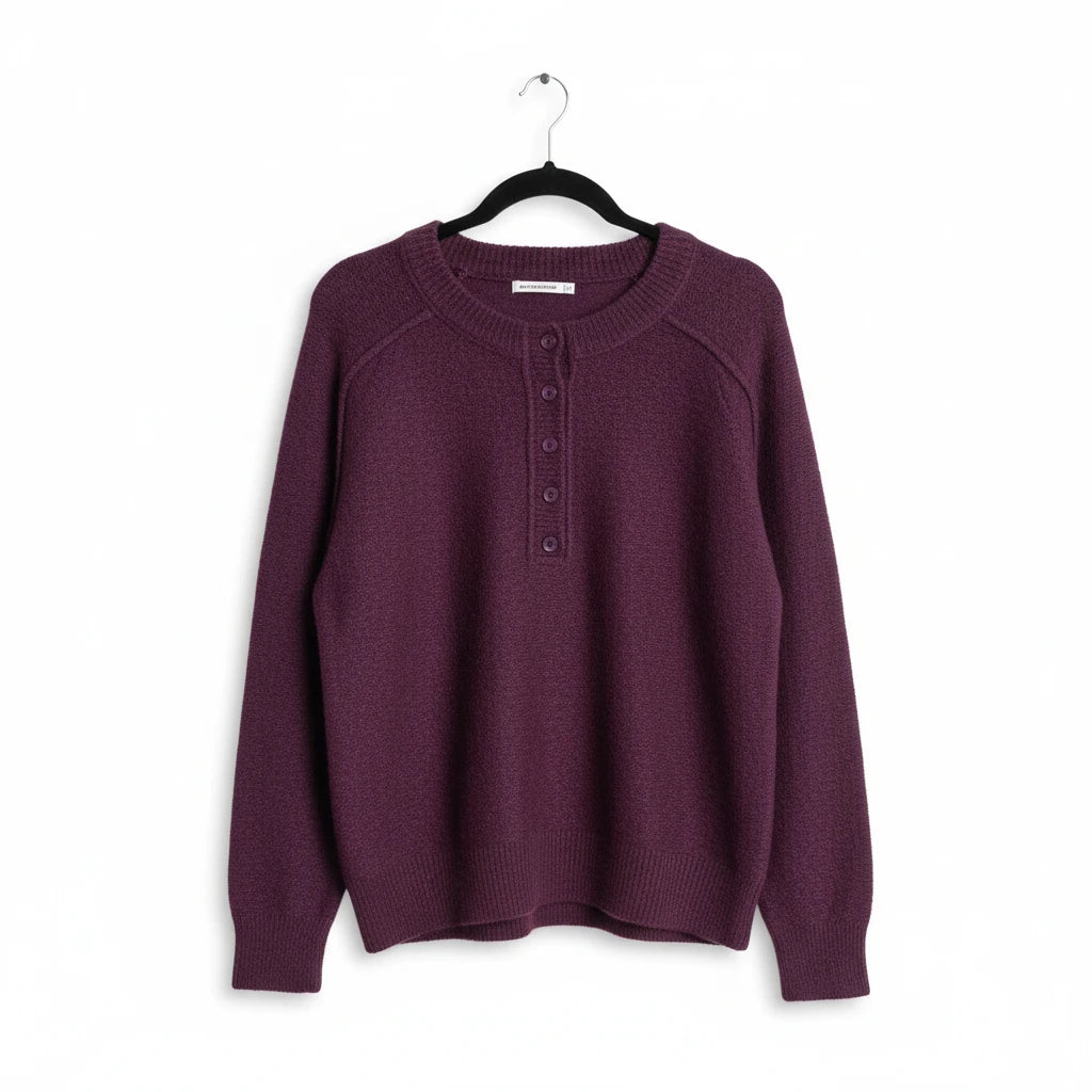 Chandeliers Boutique ny deep purple fuzzy crew neck sweater with a half button placket and ribbed cuffs.