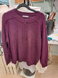 Chandeliers Boutique ny fuzzy purple crew neck sweater with a half button placket and long sleeves
