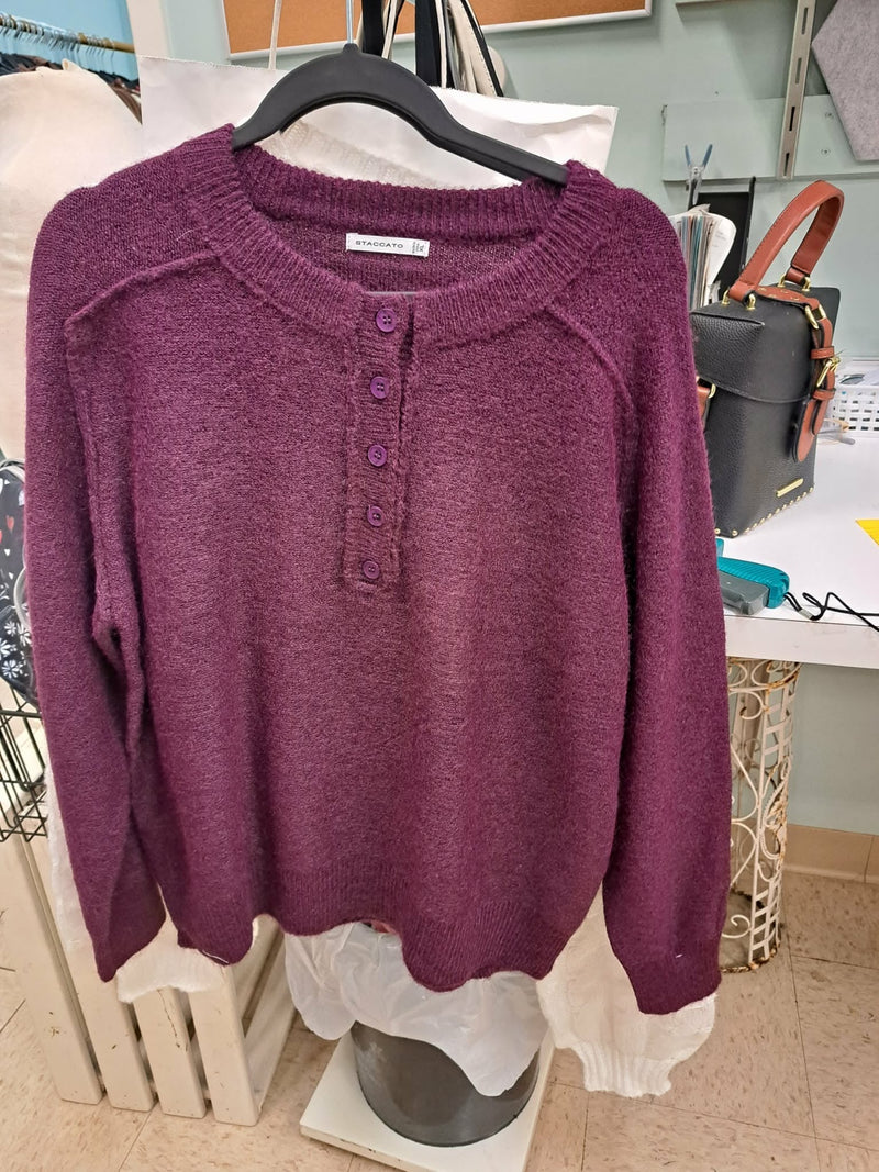 Chandeliers Boutique ny fuzzy purple crew neck sweater with a half button placket and long sleeves