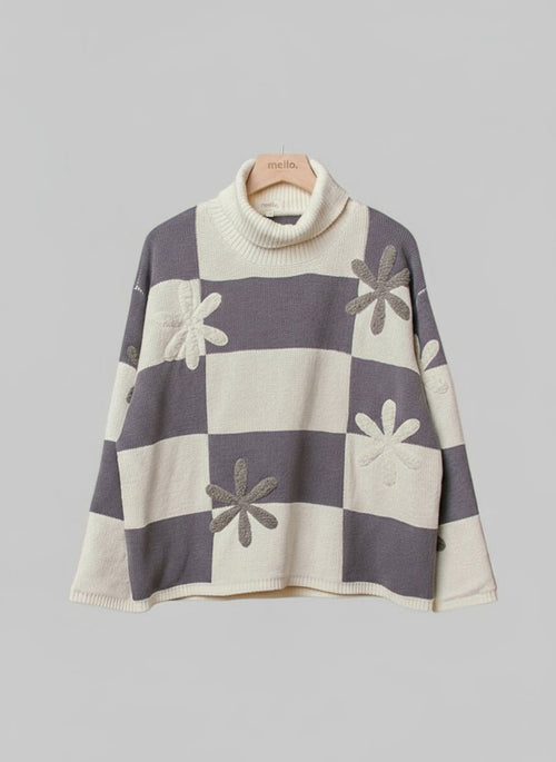 Checkerboard Flower Knit Turtleneck Sweater - Chandeliers Boutique ny