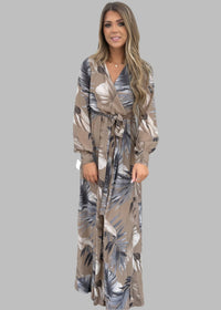 Chiffon Leaf Print V Neck Maxi Dress - Chandeliers Boutique ny