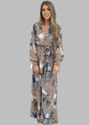 Chiffon Leaf Print V Neck Maxi Dress - Chandeliers Boutique ny