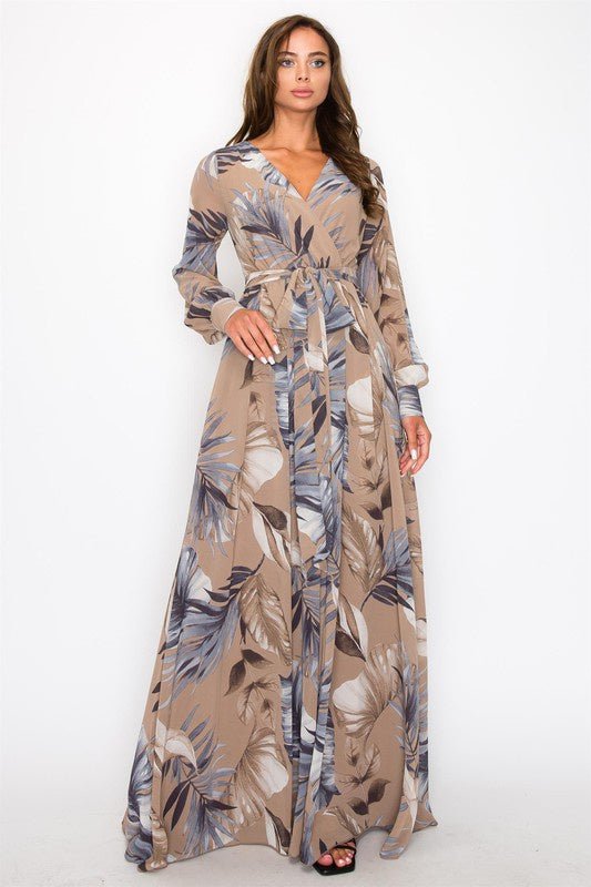 Chiffon Leaf Print V Neck Maxi Dress - Chandeliers Boutique ny