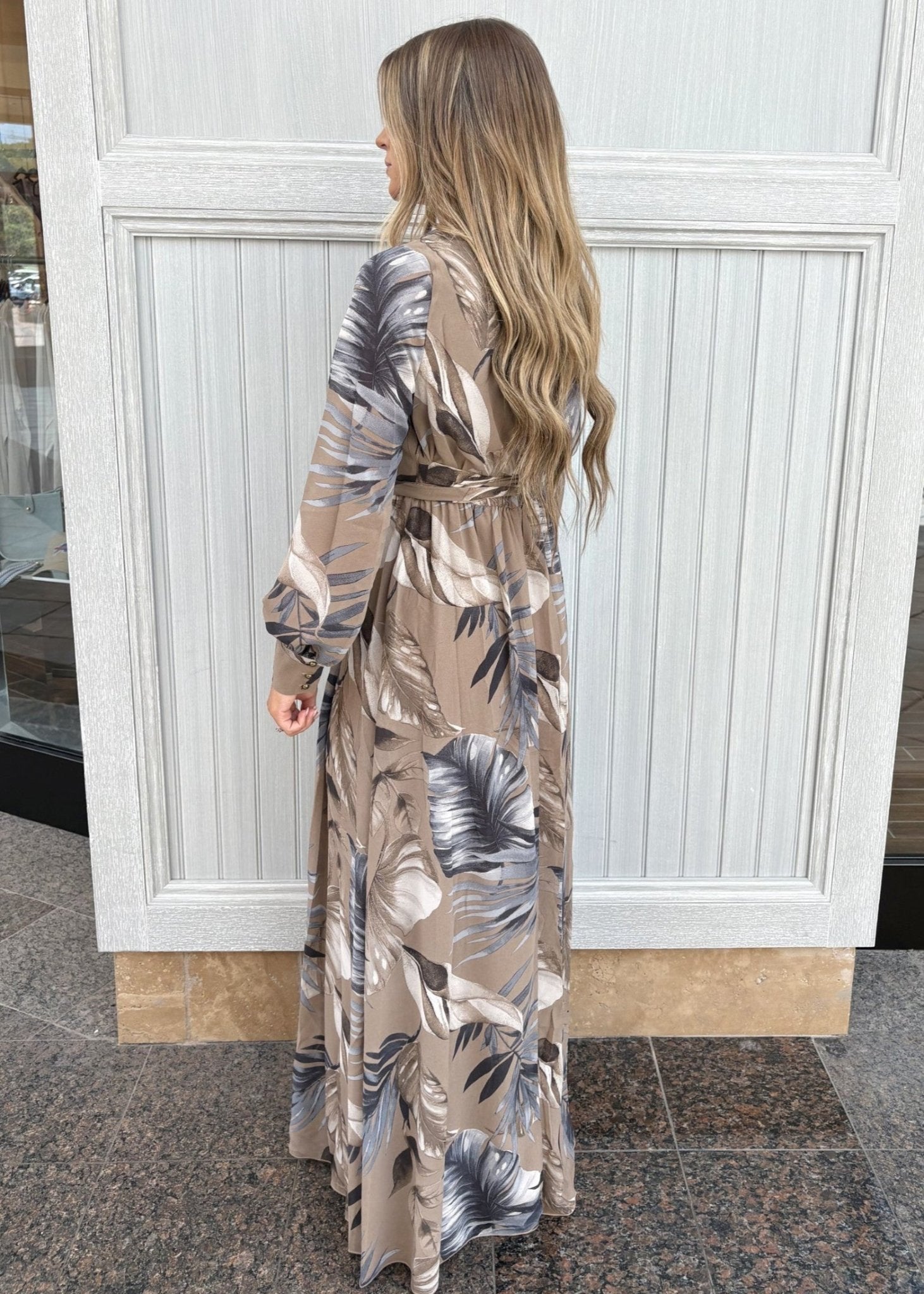 Chiffon Leaf Print V Neck Maxi Dress - Chandeliers Boutique ny