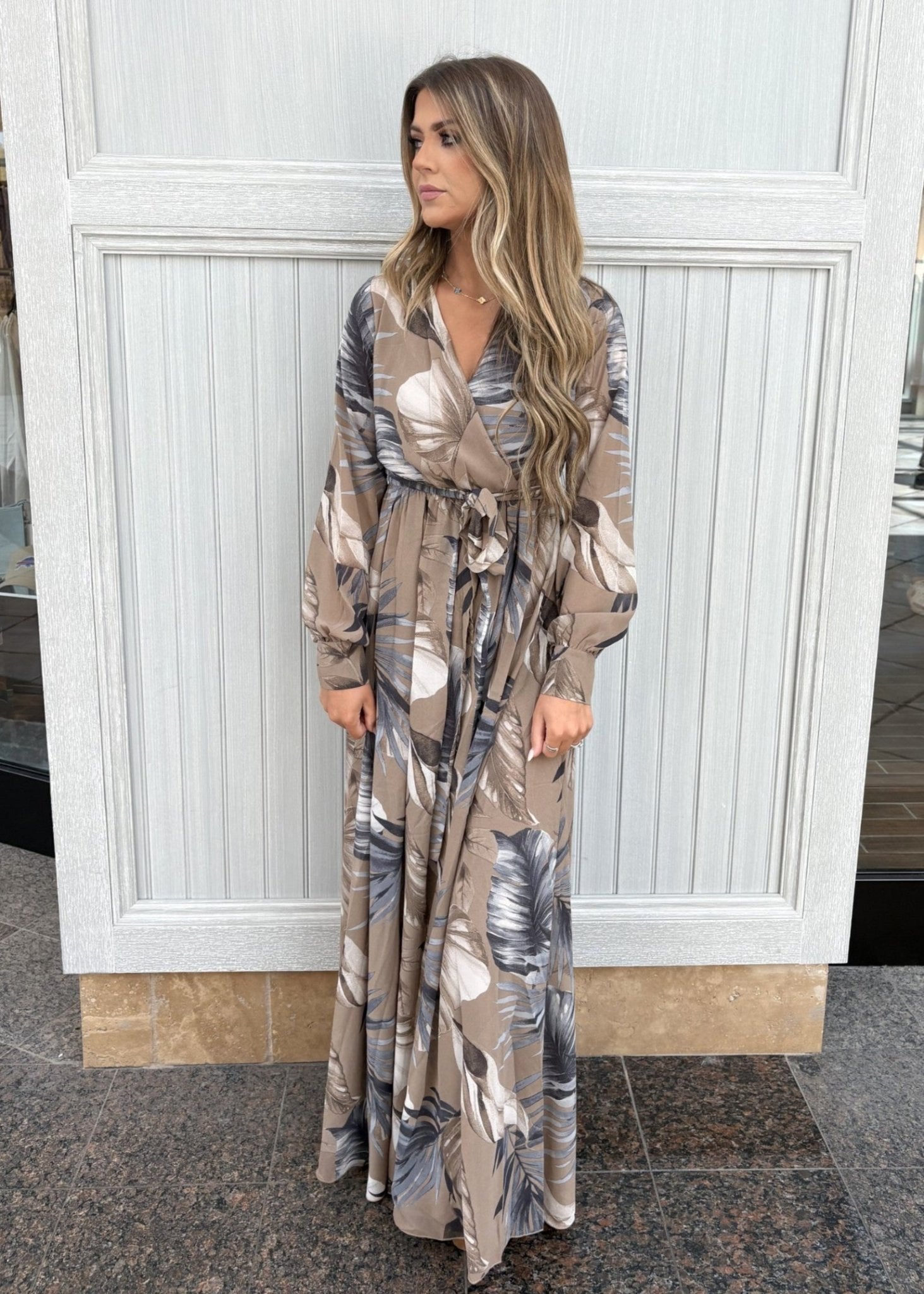 Chiffon Leaf Print V Neck Maxi Dress - Chandeliers Boutique ny