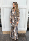 Chiffon Leaf Print V Neck Maxi Dress - Chandeliers Boutique ny
