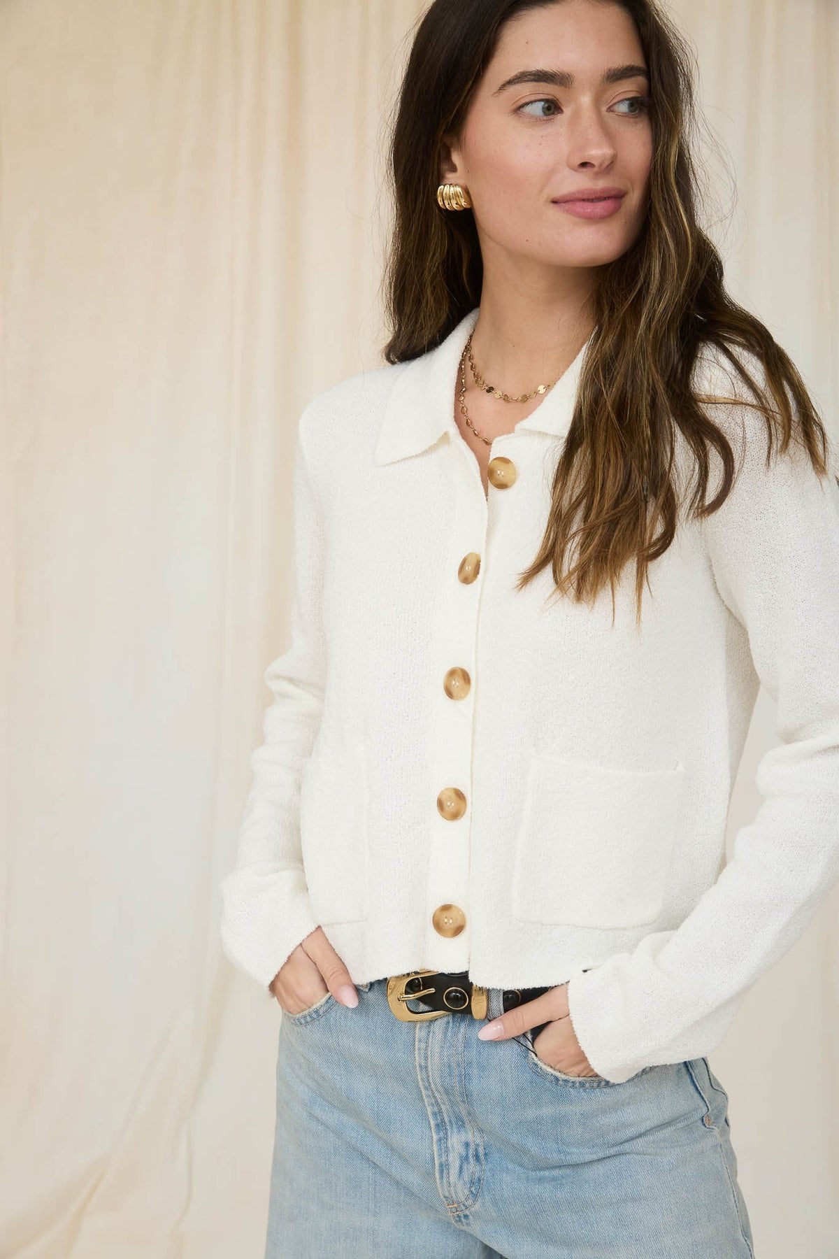 Collared Button Down Long Sleeve Knit Cardigan - Chandeliers Boutique ny