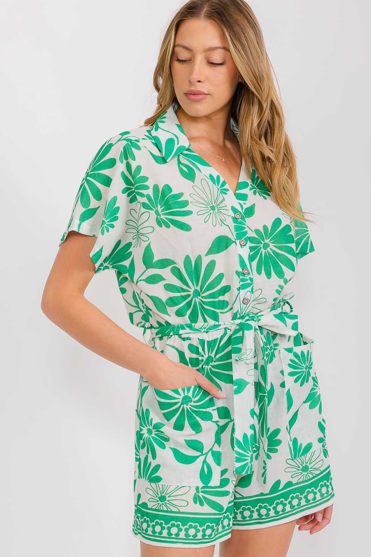 Collared Romper With Belt - Chandeliers Boutique ny