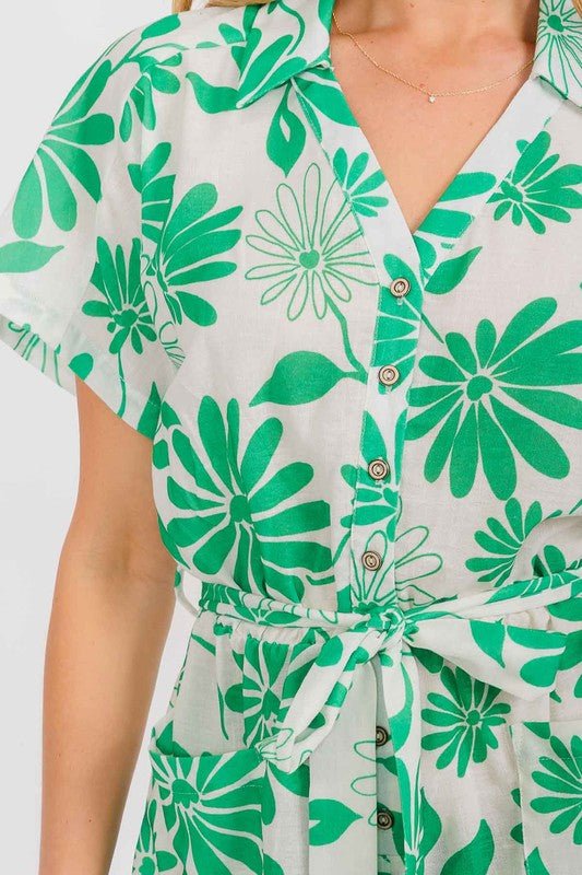 Collared Romper With Belt - Chandeliers Boutique ny
