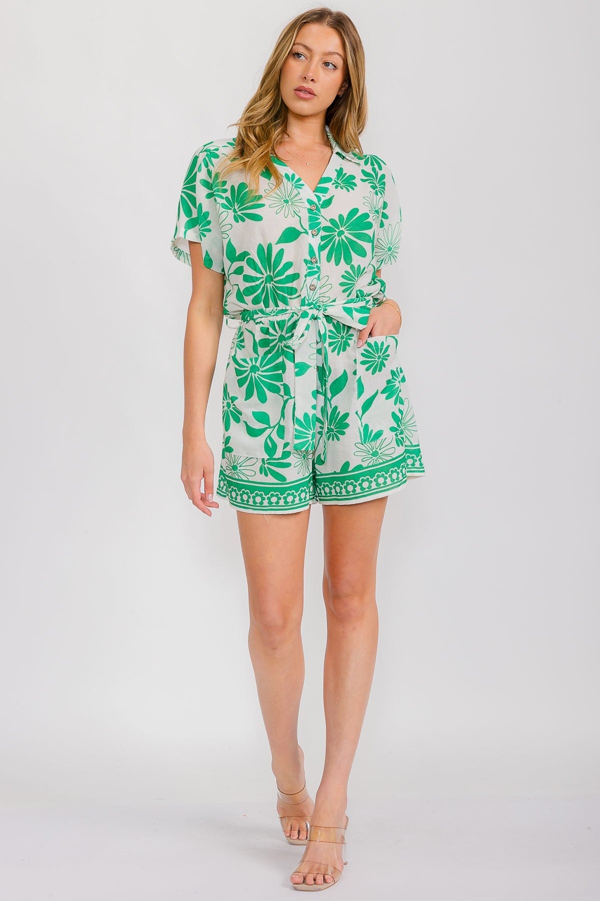 Collared Romper With Belt - Chandeliers Boutique ny