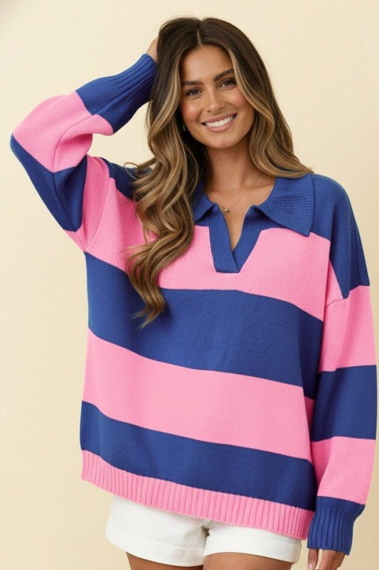 Collared Striped Color Block Sweater Knit Top - Chandeliers Boutique ny