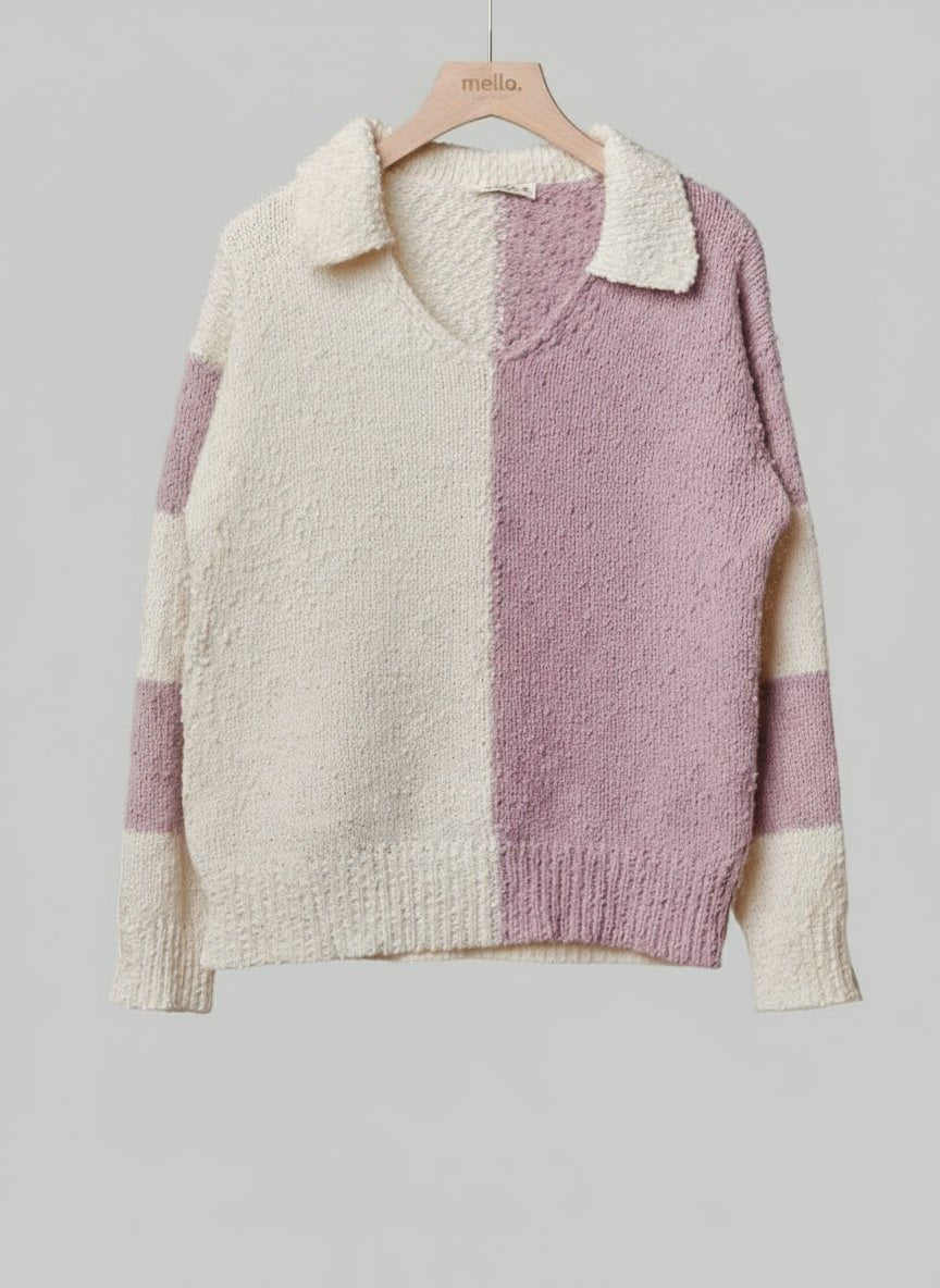 Color Block Collared V Neck Sweater - Chandeliers Boutique ny