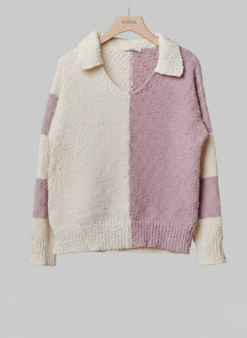 Color Block Collared V Neck Sweater - Chandeliers Boutique ny