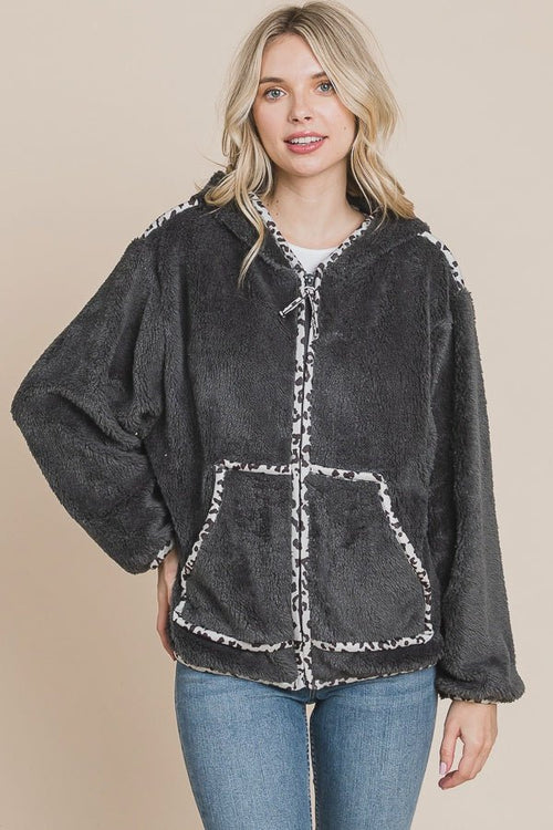 Contrast Binding Teddy Hoodie - Chandeliers Boutique ny