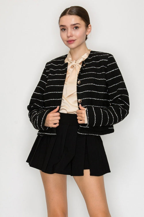 Contrast Collar Stripe Tweed Jacket - Chandeliers Boutique ny