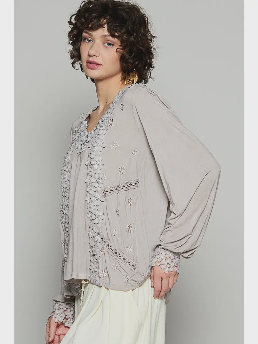 Contrast Floral Lace Crochet V - Neck Top - Chandeliers Boutique ny