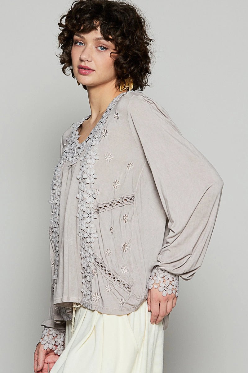 Contrast Floral Lace Crochet V - Neck Top - Chandeliers Boutique ny